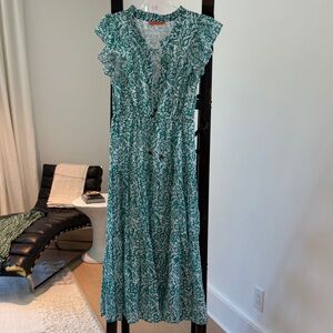 Oliphant Teal and White Printed Ruffle-Sleeve Maxi Dress